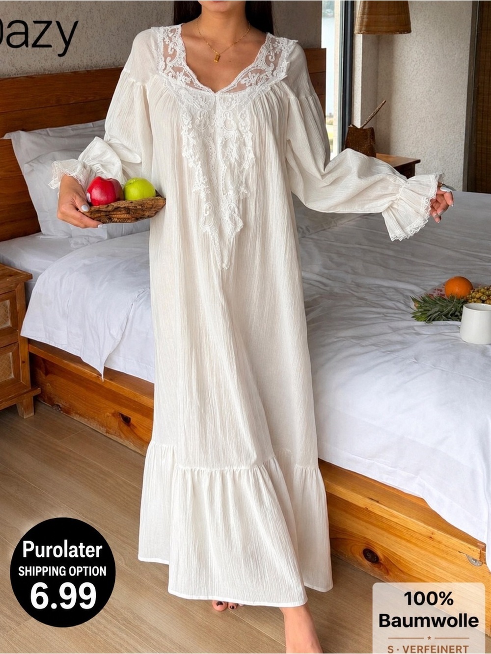 Women's White Lace-Trim Cotton Nightgown
